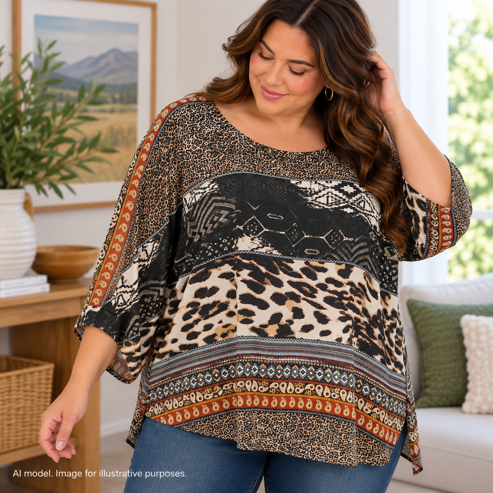 Melissa Paige Shirt Women 2X Brown Tribal Cheetah Flowy Sheer Lined Drapey Tunic